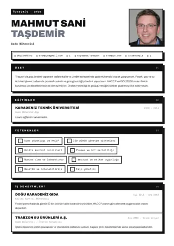 Gıda Mühendisi CV Örnekleri cv indir